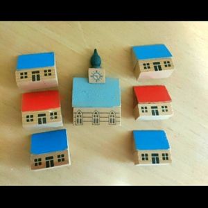 Vintage wooden church and houses